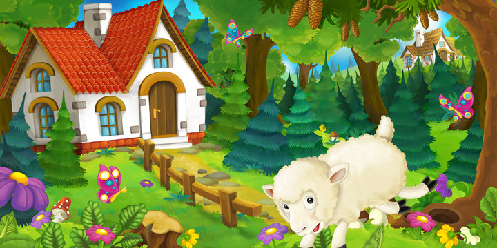 cartoon scene with happy and funny sheep running and jumping near farm house in the forest - illustration for children