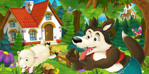 cartoon scene with happy and funny sheep running jumping near farm house and wolf is looking in the forest - illustration for children