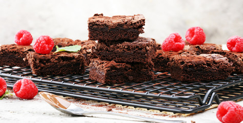 homemade chocolate brownies on rustic table. brownie bakery.