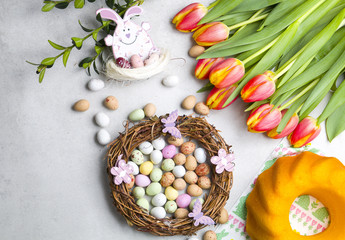 Fototapeta na wymiar Easter lemon cake, Easter accessories.