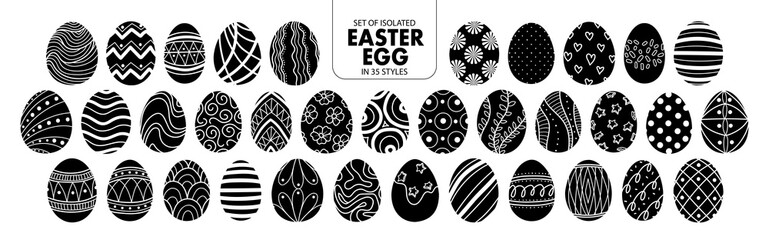 Set of isolated silhouette Easter eggs in 35 styles.