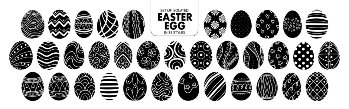 Set of isolated silhouette Easter eggs in 35 styles.