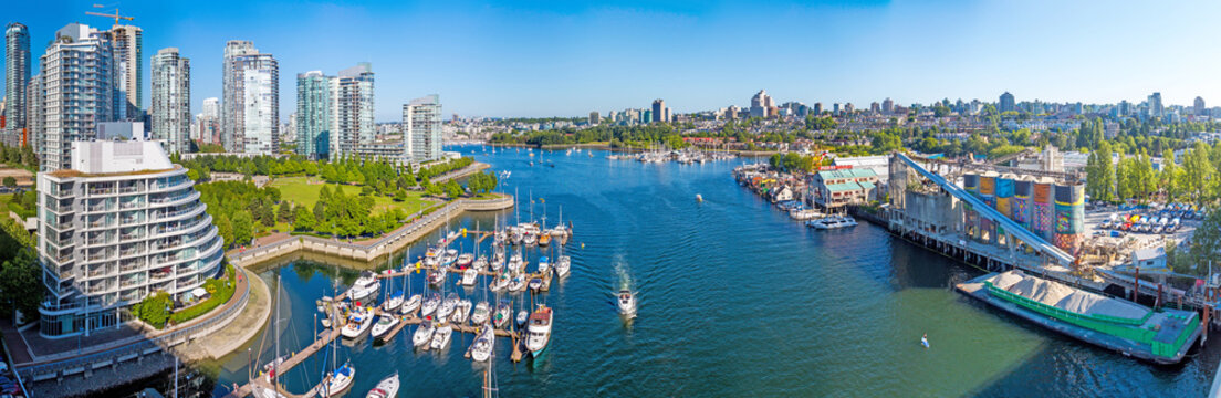 False Creek, Vancouver Canada, Yacht Mooring And Sunny Modern City Downtown, All On One Wide Panoramic Picture