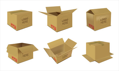 Carton delivery packaging open and closed box with fragile signs