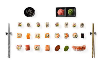 Fototapeta na wymiar Set of Japanese sushi isolated on white background. Top view