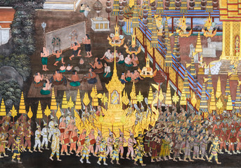 Mural fresco of Ramakien epic at the Grand Palace in Bangkok, Thailand