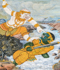 Naklejka premium Mural fresco of Ramakien epic at the Grand Palace in Bangkok, Thailand
