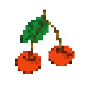 Pixel cherry. Fruit icon for game. Vector symbol for casino. Retro digital art.
