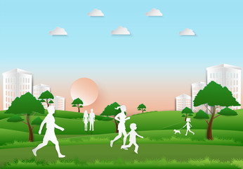 People recreation and exercise in the park on sunset background, Paper art, paper cut illustration