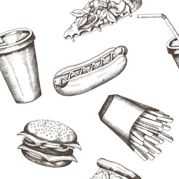 Vector vintage hand drawn fast food seamless pattern. Background with burger, soda, french fries, hot dog and pizza. Pattern can be used for wallpaper, web page background, surface textures.