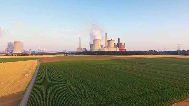 Aerial Shot Of Coal Fired Power Stations Niederaussem and Neurath, North Rhine-Westphalia, Germany, owned and operated by RWE Power.