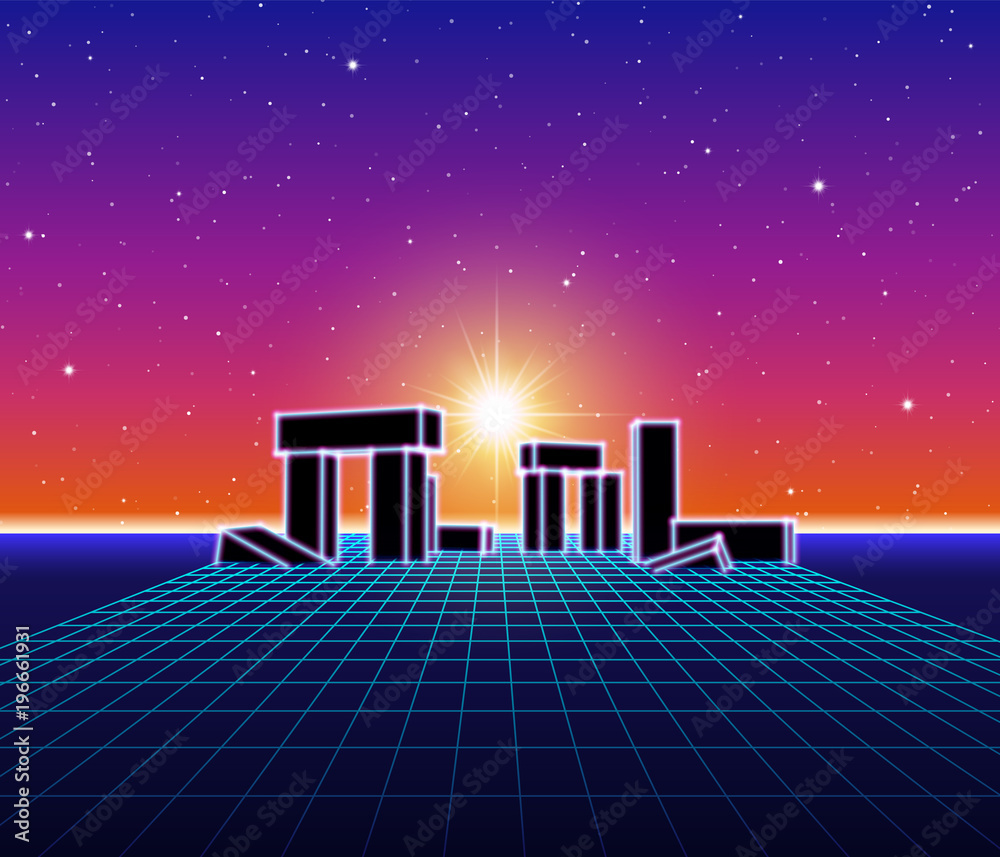 Poster neon landscape with 80s retro wave game style