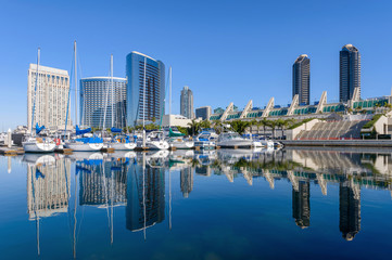 San Diego Marina - A panoramic morning view of San Diego Marina, surrounded by modern high-rising buildings, at side of San Diego Bay in Marina District at southwest of Downtown San Diego, California, - obrazy, fototapety, plakaty