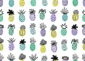 Seamless pineapple pattern. Handdrawn Pinapple with different textures in pastel colors. Exotic fruits background For Fashion print, textile, fabric, covers, wallpapers, wrap.