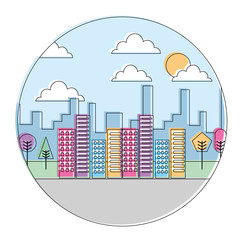 landscape city buildings urban panorama with trees round design vector illustration