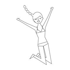 happy young woman jumping wearing swimsuit vector illustration outline image