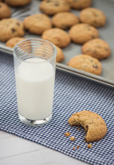 A glass of milk and a cookie with a bite taken out of it sit on a blue gingham napkin with a cookie sheet in the background