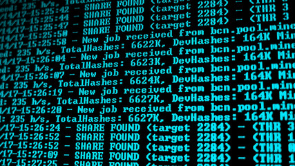 Mining Cryptocurrency process program on display PC. Using Software. Share Found.