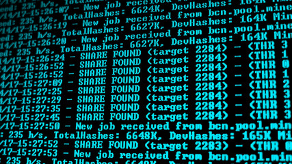 Mining Cryptocurrency process program on display PC. Using Software. Share Found.