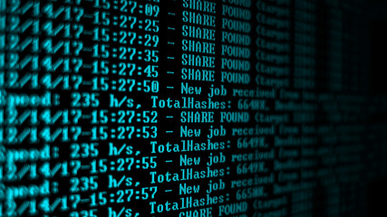 Mining Cryptocurrency process program on display PC. Using Software. Share Found.