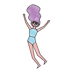 happy young woman jumping wearing swimsuit vector illustration drawing color image