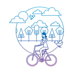 happy young woman riding bicycle in the park birds flying vector illustration degrade color image
