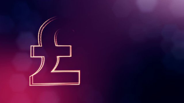 Animation icon or emblem of GBR Logo or pound. Background made of glow particles as vitrtual hologram. Shiny 3D seamless animation with depth of field, bokeh and copy space. Violet color V2