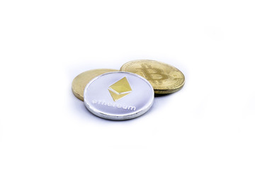 three currency of Digital., Digital money. Gold and silver Coin. bitcoin ripple ethereum.