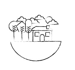 landscape house trees clouds sun round design vector illustration