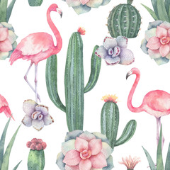 Watercolor seamless pattern of pink flamingo, cacti and succulent plants isolated on white background.