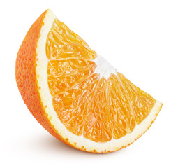 Standing ripe slice of orange citrus fruit isolated on white background with clipping path