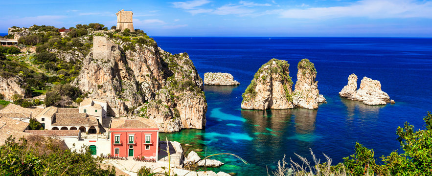 10K Wide Panorama of Tonnara di Scopello and Ancient Tower &mdash; Empty Wild Beach with Faraglioni Rocks Zingaro Nature Reserve, Borgo di Scopello Sicily Italy