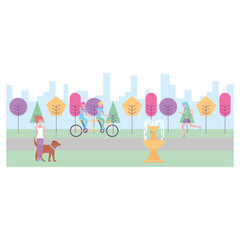 people riding bikes walking dog fountain urban background vector illustration