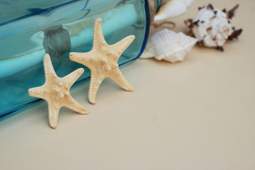 Fototapeta na wymiar Nautical Theme Backdrop, Decorative Starfish on Neutral Ivory Background. Place for text. Selective focus.