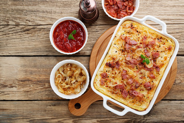  Potato casserole with parmesan cheese, cream and delicious fried bacon.top view