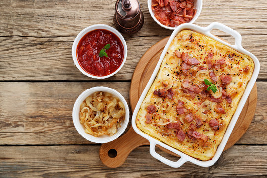  Potato casserole with parmesan cheese, cream and delicious fried bacon.top view