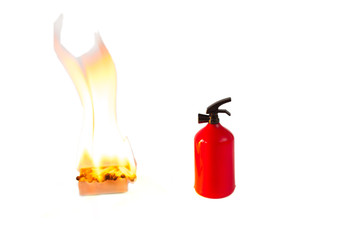 A lit box of matches and a fire extinguisher isolated on white background. Danger, fire, fire, safety