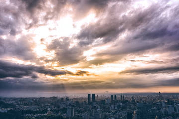 Crepuscular rays in Taipei sunset skyline, Taiwan