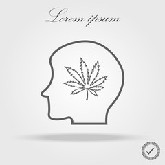 Human head with marijuana leaf glyph icon. Drug addiction. Silhouette symbol. Bad habit. Negative space. Vector isolated illustration
