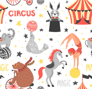 Seamless pattern vector illustration of circus animal. Cute cartoon characters.