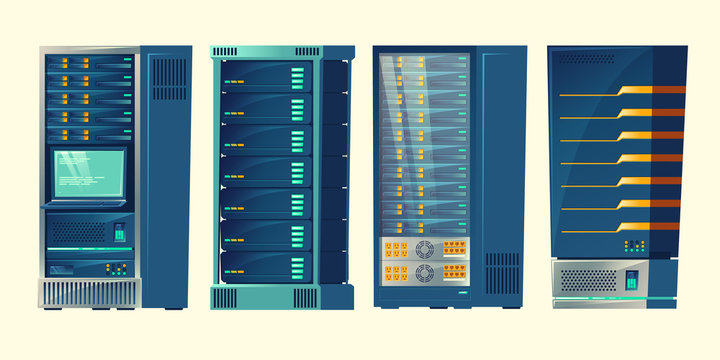 Vector set of various cartoon server racks, database room, data center with cloud computer connection. Hosting, networking, internet technology. Computing hardware, equipment