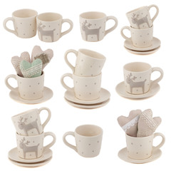 Collage from beige cups with plates and different decorations, isolated