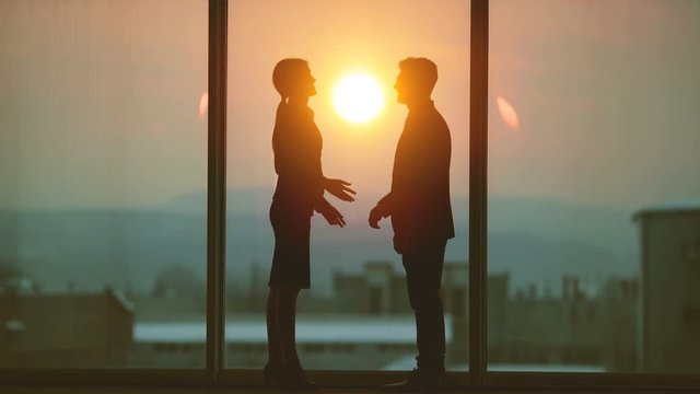 The business couple talking near the office window on the bright sun background