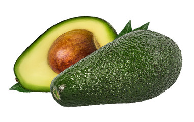 Fresh avocado with leafs isolated on white background with clipping path