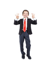 Young businessman shows gestures OK. Isolated. White background.