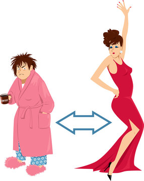 Transformation of a woman from her morning frumpy self to a glam evening cleaned up image, EPS 8 vector illustration