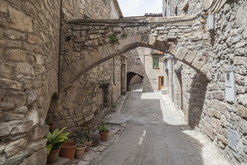  Old street in medieval village of Guimera, Province Lleida, Catalonia, Spain.