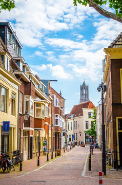 Traditional old street and buildings  in Utrecht, Netherlands.