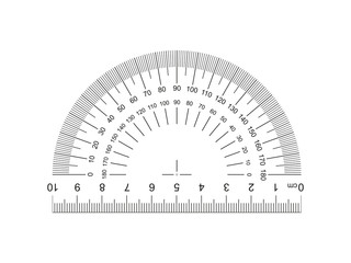 Protractor with ruler 10 cm. Protractor grid for measuring degrees. Tilt angle meter. Ruler 10 centimeters. 10 cm grid with a division to one thirty-second. Measuring tool. Ruler Graduation. AI10 - obrazy, fototapety, plakaty