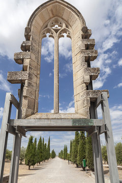  Gothic window in public park of catalan town of Tarrega, province Lleida, Catalonia, Spain.
